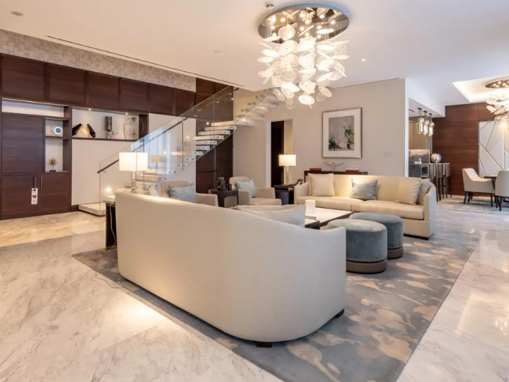 Luxury Sky Collection duplex penthouse living area in Address Sky Views Downtown Dubai with modern interiors